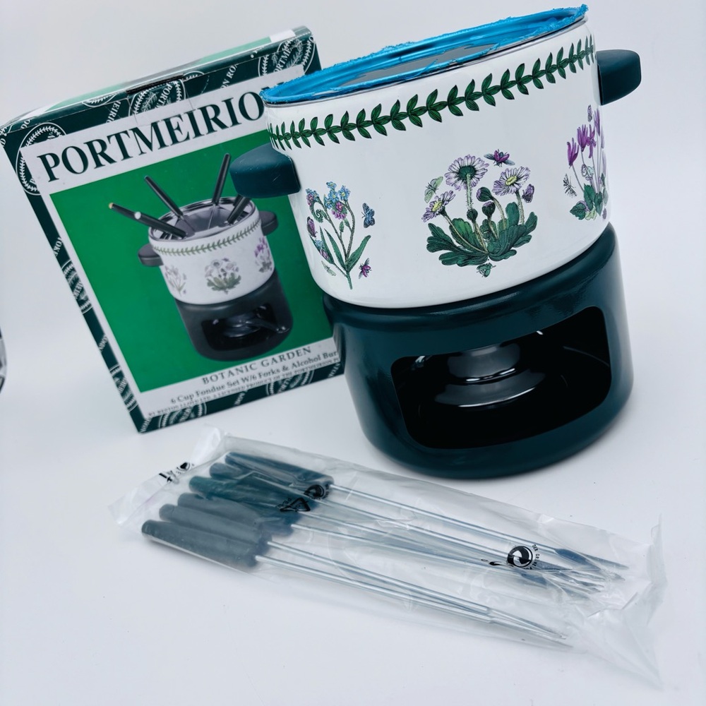 Portmeirion Botanic Garden Fondue Set 6 Cups w Forks & Burner New In Box